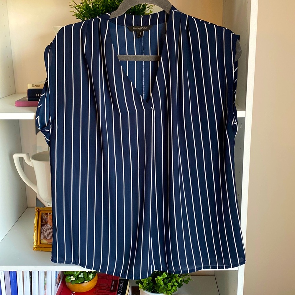 Banana Republic Navy & White Striped Blouse - Size S with Generous Fit